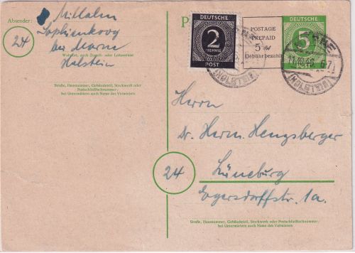 All.Bes./RPD Hamburg - 5+5 Pfg. Aufbrauchsganzsache+Zusatz Marne - Lüneburg 1946