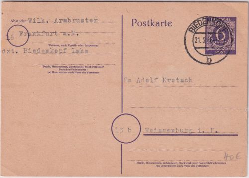 All.Bes. - 6 Pfg. Ziffer Ganzsache Biedenkopf - Weissenburg 21.2.46