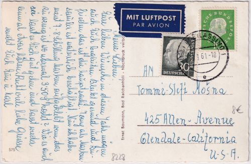 BRD - 30+10 Pfg. Heuss II+III Luftpostkarte n. USA Freilassing - Glendale 1961