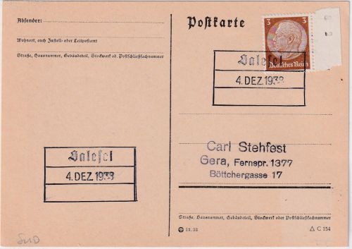 Sudetenland - Salesel 4. DEZ 1938 Aushilfs-Ra3 Drucksache