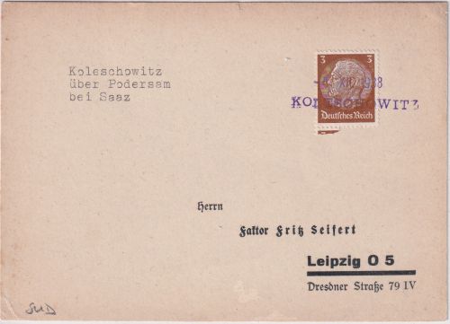 Sudetenland - Koleschowitz 4. XII 1938 Aushilfs-L2 Drucksache