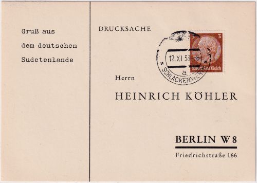 Sudetenland - Schlackenwerth 12. XI 38 teilapt. Tagesstpl. Drucksache