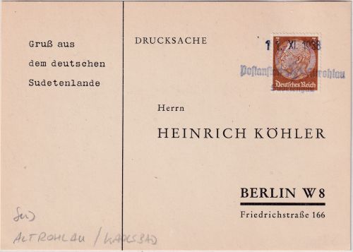 Sudetenland - 11. XI 1938 Postamt Altrohlau Sudetengau Aush.stpl. Drucksache