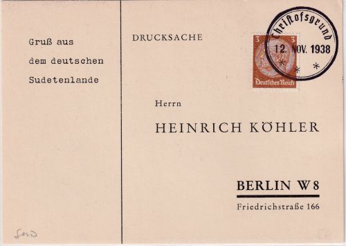 Sudetenland - Christofsgrund 12. NOV 1938 Aushilfsstpl. Drucksache