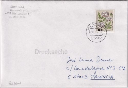 Berlin - 120 Pfg. Wofa/Rosen Drucksache n. SPANIEN Neu-Anspach - Palencia 1990