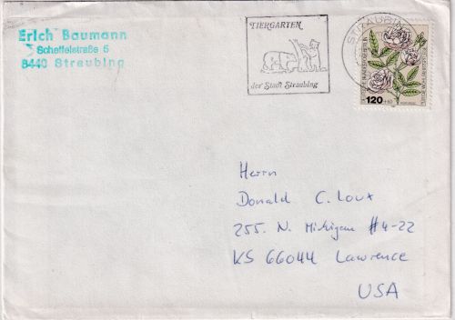 Berlin - 120 Pfg. Wofa/Rosen Brief n. USA Straubing - Lawrence 1988