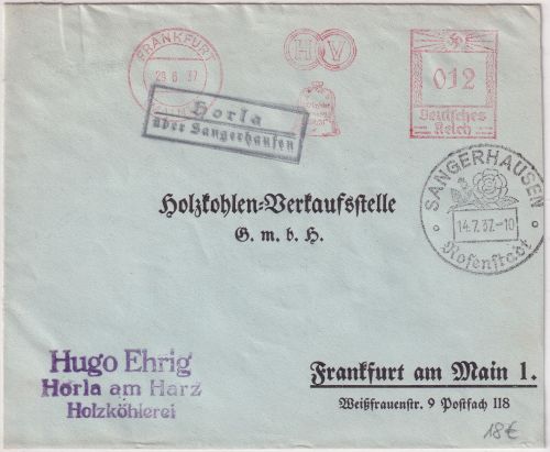 DR - Sangerhausen Rosenstadt Handwerbestpl. Rückantwortkuvert n. Frankfurt 1937