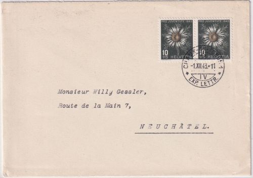 Schweiz - 2x10 Rp. Juventute/Silberdistel Brief/FDC Chaux de Fonds 1.12.43
