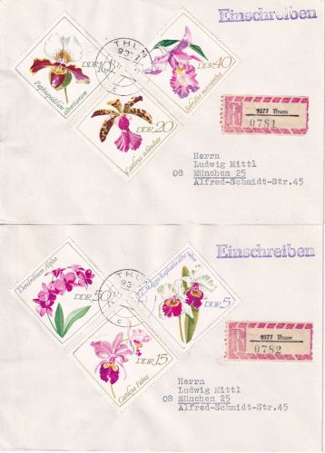 DDR - Orchideen Satz (6 Werte) 2 Einschreibebriefe Thum - München 1968