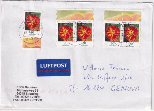 BRD - 5x20 C. Sudentenblume Luftpostbrief n. ITALIEN Straubing - Genua 2007
