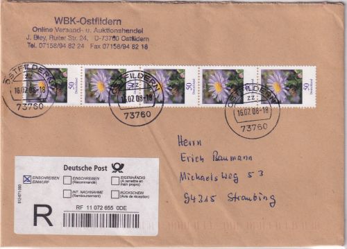 BRD - 5x50 C. HerbstasterEinschreibebrief Ostfildern - Straubing 2008