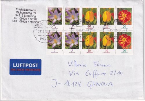 BRD - Blumen VII im Kleinbogen Luftpostbrief n. ITALIEN Straubing - Genua 2007