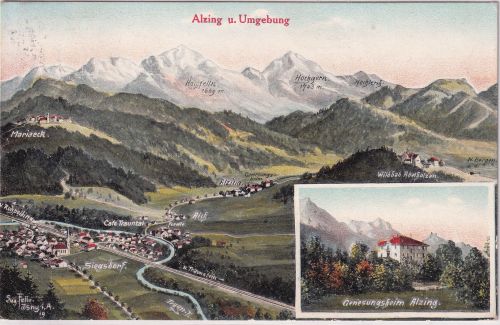 Bayern - Alzing Ortsansicht Genesungsheim farb. Mehrbild-AK gelaufen 1927