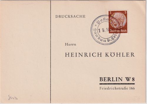 Sudetenland - Postamt Sandau b. Leipa 19. Nov (1938) Aushilfsstpl. Drucksache