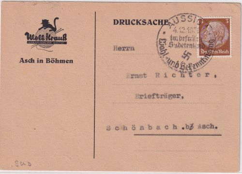 Sudetenland - Aussig Wahl- und Bekenntnistag SST 3 Pfg. Drucksache n. Schönbach