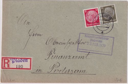 Sudetenland - Pladen 1939 Aush.-R-Zettel Einschreibebrief n. Podersam