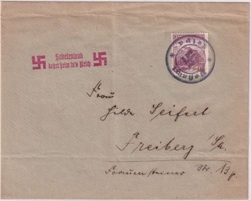 Sudetenland - Postamt Leipa Aush.stpl. Brief n. Freiberg 1938 Nebenstpl. !