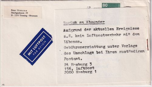 BRD/Postsperre - Husum 1982 80+60 Pfg I&T Luftpostbrief i.d. LIBANON Bürgerkrieg