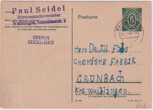All.Bes./RPD Stuttgart - 6 Pfg. Ganzsache Waiblingen - Grünbach 26.2.46