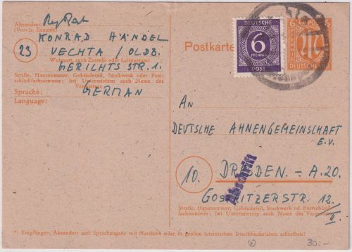 All.Bes./BZ - 6 Pfg. AM-Post Ganzsache+Zusatz Notstempel Vechta - Dresden 1946