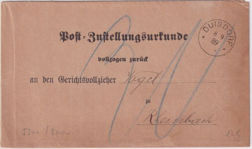 DR - Duisdorf 1889 K1 Post-Zustelllurkunde n. Rheinbach 30 Pfg. Nachporto