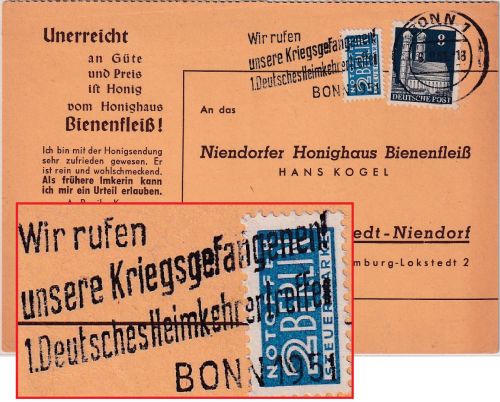 BRD - "Wir rufen unsere Kriegsgefangenen" Masch.werbestpl. Karte Bonn 1951