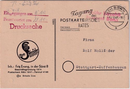 BRD - Bonn 1948 "Tagung des Parlamentarischen Rates" Masch.werbestpl. Karte