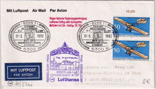 BRD - Bonn Raumfahrt 1992 SST Zuleitungspost LH-Erstflug Düsseldorf - Prag