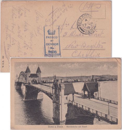 DR - Bonn (Ansicht) Field Post Office 138 zens. Feldpostkarte n. ENGLAND 1919