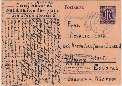 AM-Post - 6 Pfg. Ganzsache n. TSCHECHIEN Waldsassen - Woditz 3.12.45 Retour !