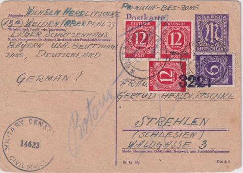 AM-Post - 6 Pfg. Ganzsache+Zusatz n. SCHLESIEN Weiden 9.5.46 Retourvermerk