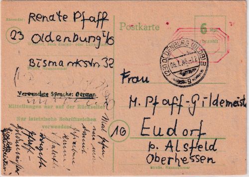 All.Bes./Notausgabe - 12/6 Pfg. Ganzsache Oldenburg - Eurdorf 6.1.46