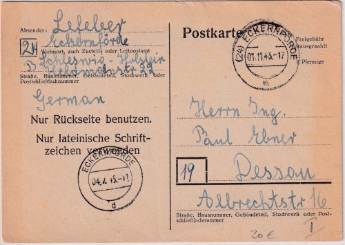 All.Bes./BZ - 6 Rpf. Ganzsache/Behelfsausgabe Eckernförde - Dessau 1.11.45