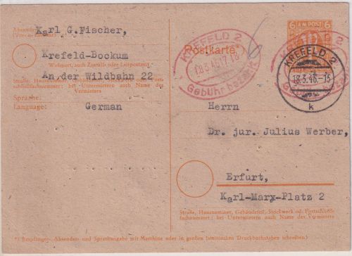 All.Bes./BZ - Behelfsausgabe Krefeld 2 6 Pfg. GA+Gebühr bezahlt n Erfurt 18.3.46
