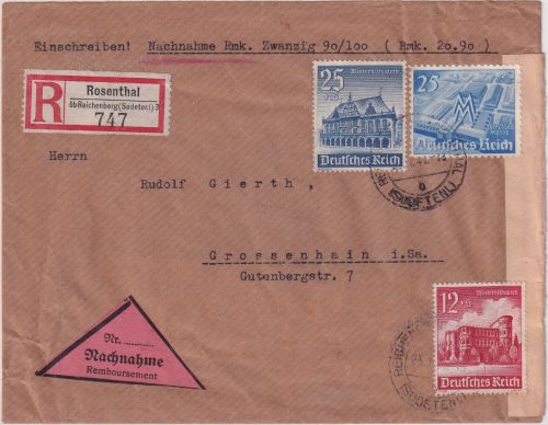 Sudetenland - Rosenthal ü. Reichenberg Poststelle I Nachnahme-R-Brief 1941