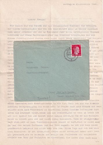 Sudetenland - Aussig 25.12.44 Brief mit Inhalt n. Hof