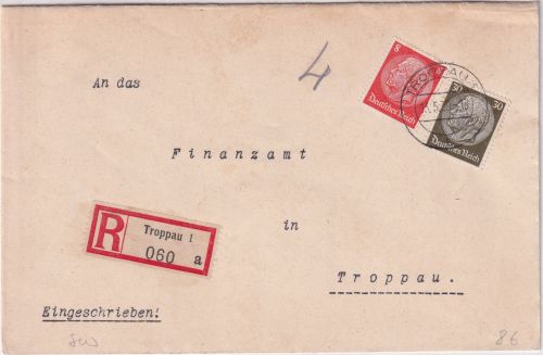 Sudetenland - 30+8 Pfg. Hindenburg Ortseinschreibebrief Troppau 1939