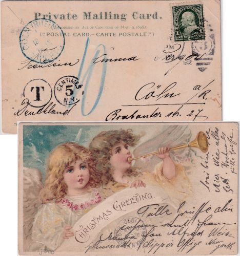 DR - Cöln (Rhein) Porto blauer K1 Weihnachtskarte aus USA 1902 Nachporto