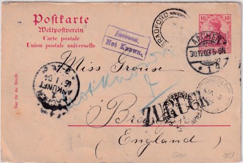 DR - 10 Pfg. Germania Ganzsache n. ENGLAND Aachen - Bredford 1904 Retour