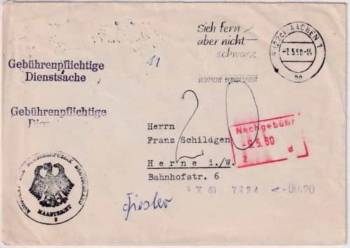 BRD - Aachen 1960 Konsulatsbrief Maastricht - Herne 20 Pfg. Nachporto