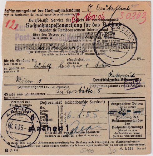 BRD - Aachen 1955 unfrank. Nachnahme-Postanweisung n. ÖSTERREICH