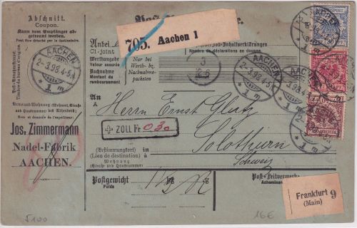 DR - 50+20+10 Pfg. Krone/Adler Paketkarte i.d. SCHWEIZ Aachen - Solothurn 1898