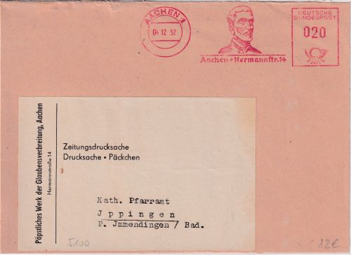 BRD - Aachen 1952 20 Pfg. AFS "Hermannstr. 14" Zeitungsdrucksache-Vds.
