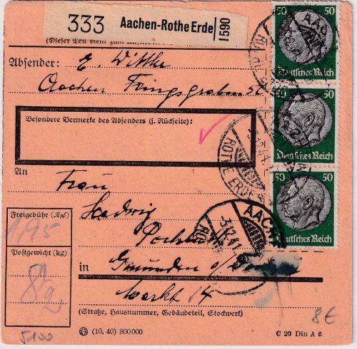 DR - 3x50 Pfg. Hindenburg u.a. Paketkarte Aachen-Rothe Erde - Gmunden 1941