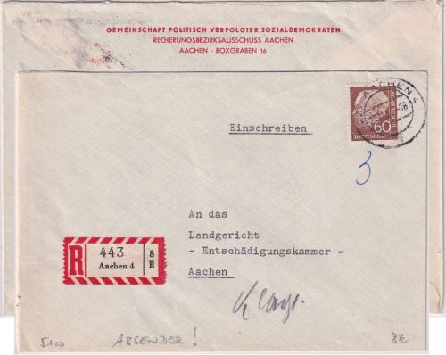 BRD - 60 Pfg. Heuss II Ortseinschreibebrief Aachen 4 1958 - Absender !