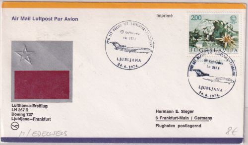 Jugoslaiwen - 2 Din. Edelweiß LH-Erstflugbrief Ljubliana - FFM 1974