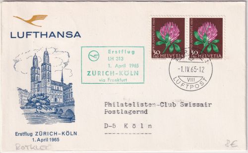 Schweiz - 2x30 Rp. Rotklee LH-Erstflugbrief Zürich - Köln 1965