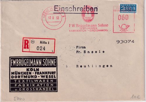 BRD - Köln 1953 60 Pfg. AFS Brügelmann Textilien Einschreibebrief n. Reutlingen
