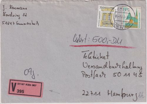 BRD - 700+100 Pfg. SWK Wertbrief (Label !) Köln 907 - Hamburg 1984
