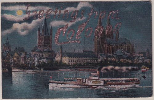 NRW - Köln Panorama b. Nacht Greetings from Cologne farb. Glitter-AK ca. 1920